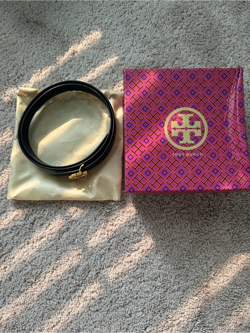 Tory Burch Black Leather Belt with Gold Double-T Buckle New